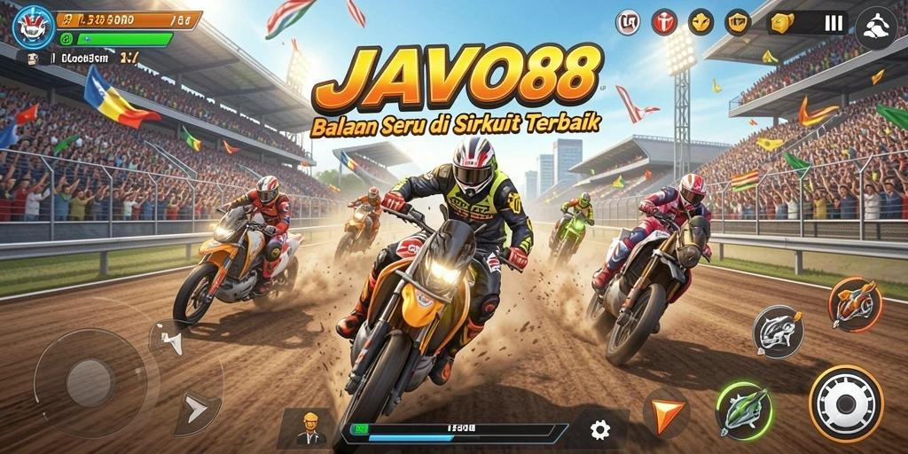 Screenshot utama JAVO88 menampilkan aksi balapan seru di lintasan yang menantang.