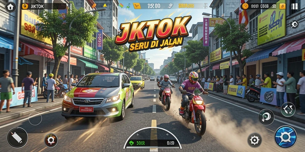Screenshot utama JKTOK menampilkan aksi balapan seru di jalanan perkotaan.