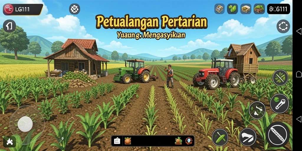 Tangkapan layar gameplay LG111 yang menunjukkan aktivitas bertani yang seru.