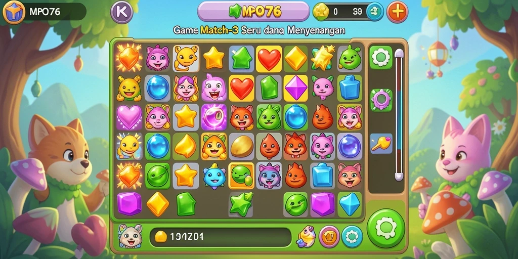 Screenshot MPO76 menunjukkan gameplay seru dan penuh warna di dunia Match-3.