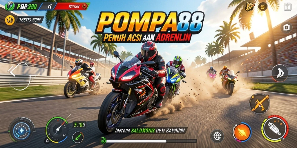 Tampilan gameplay POMPA88 yang mendebarkan saat balapan motor.