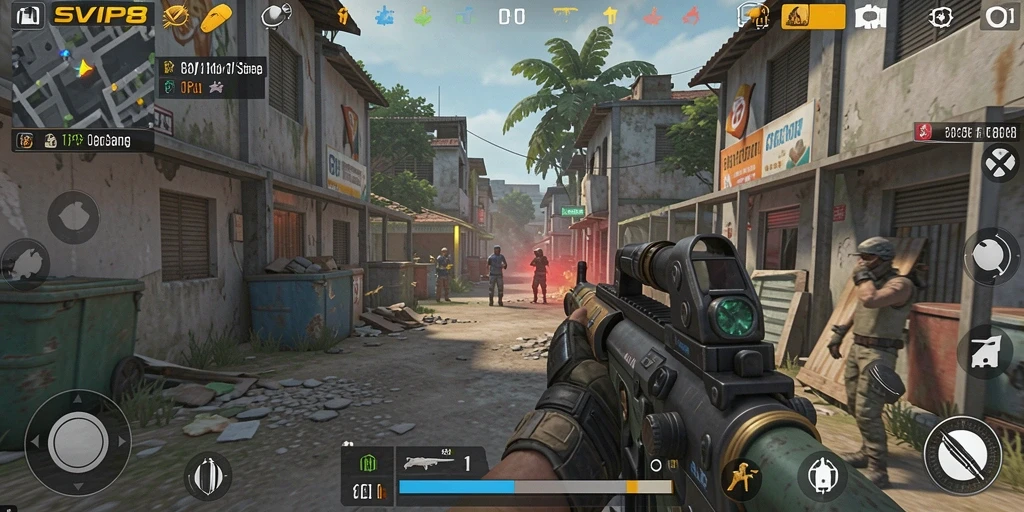 Screenshot gameplay SVIP8 menampilkan aksi tembak-menembak yang intens.